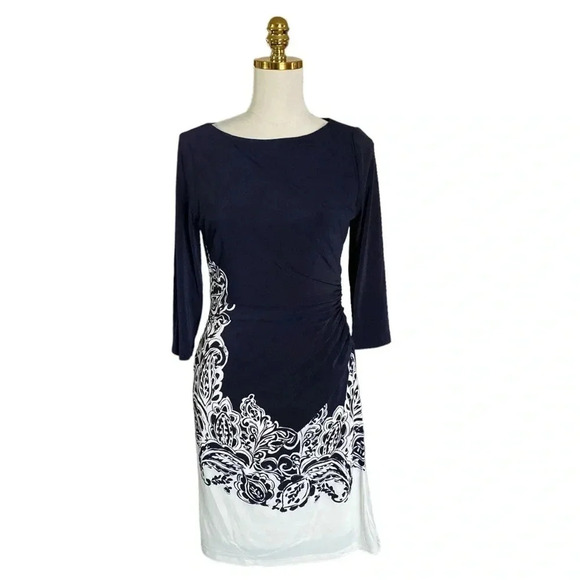 RALPH LAUREN |Women’s Navy/White Paisley Print Sheath Midi Bodycon Dress Sz 10P - Picture 3 of 9